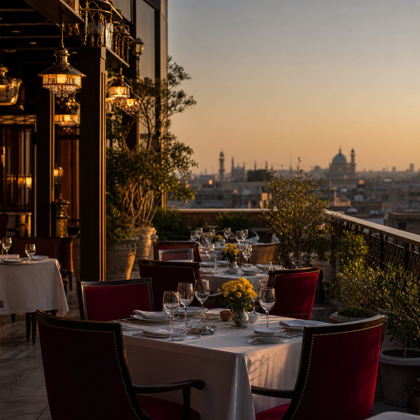 Rooftop restaurant dining terrace at golden hour