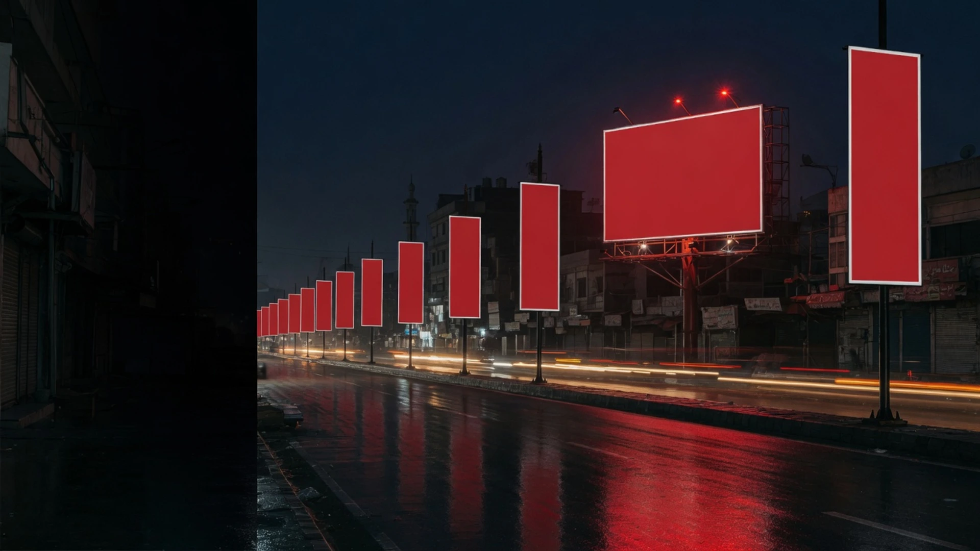 Campaign branding across street-level outdoor media at dusk