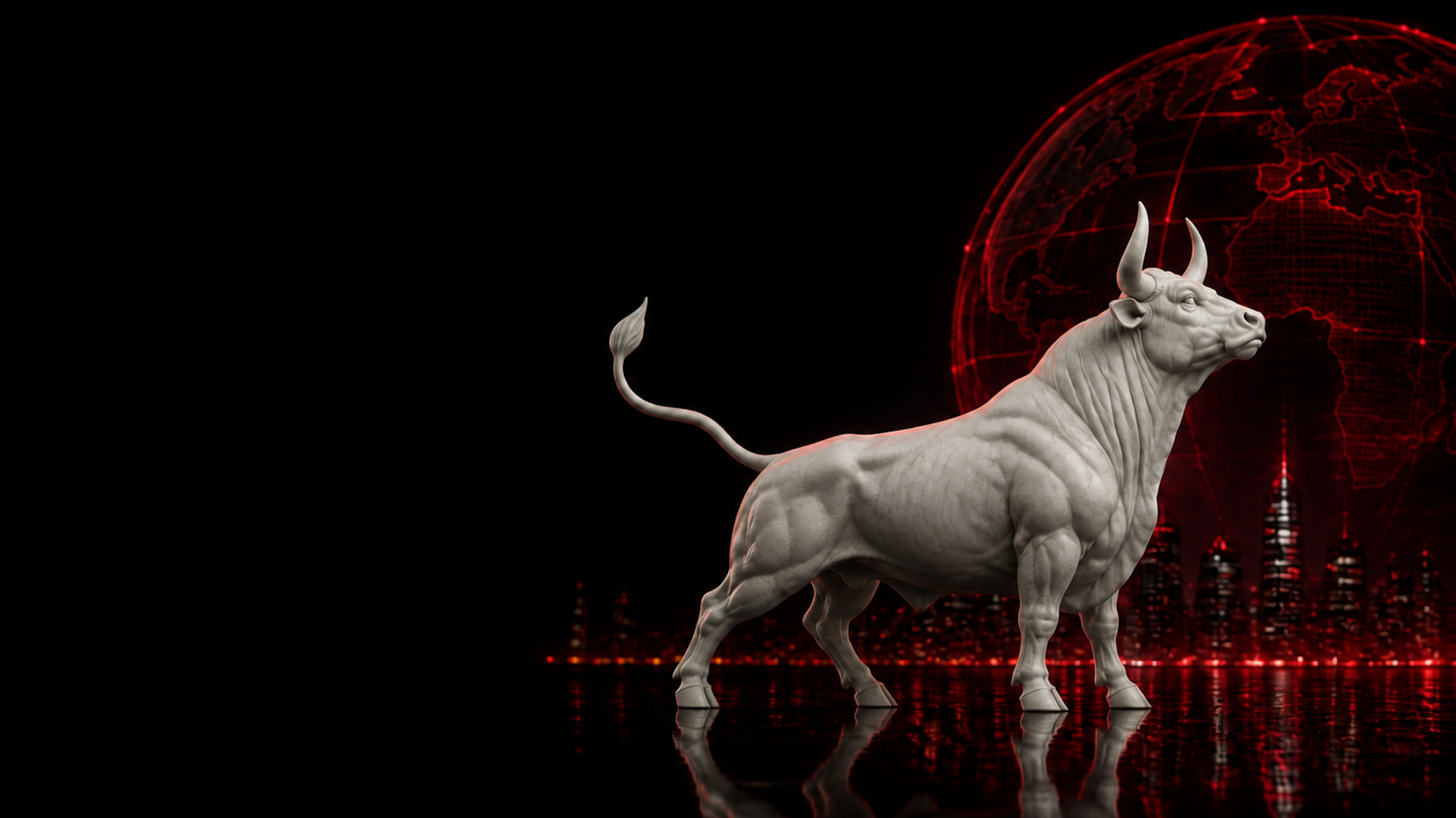 A marble bull before a red wireframe globe above a city skyline