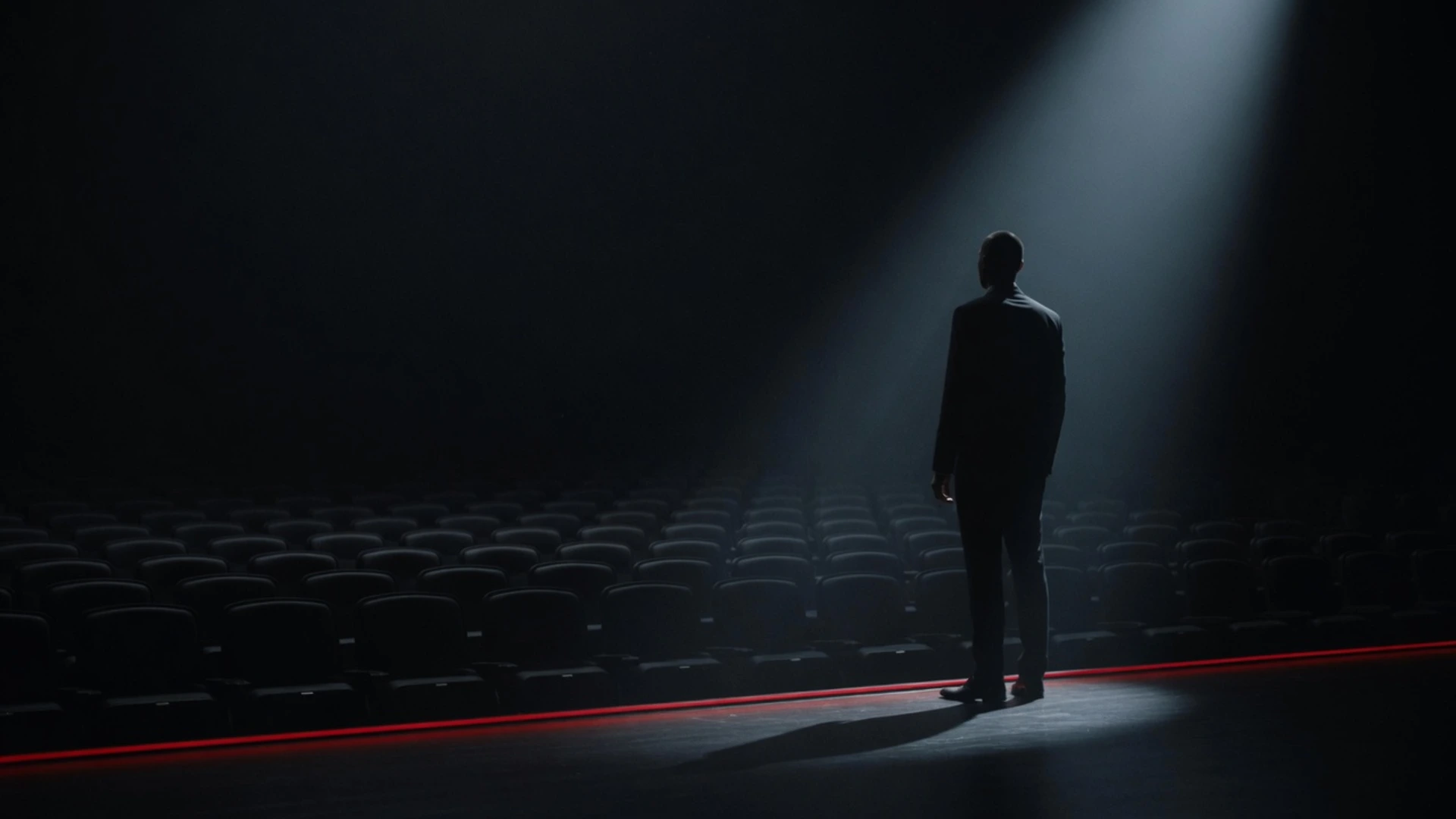 A business leader on stage under a single spotlight