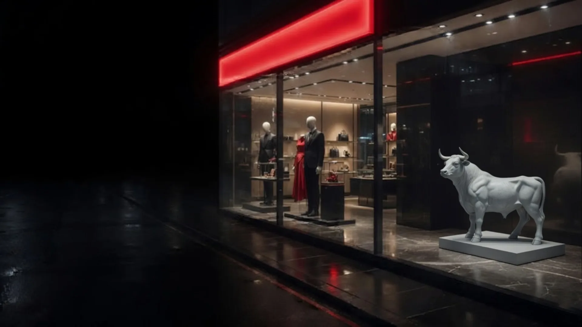 A branded retail storefront glowing on a wet city street at night