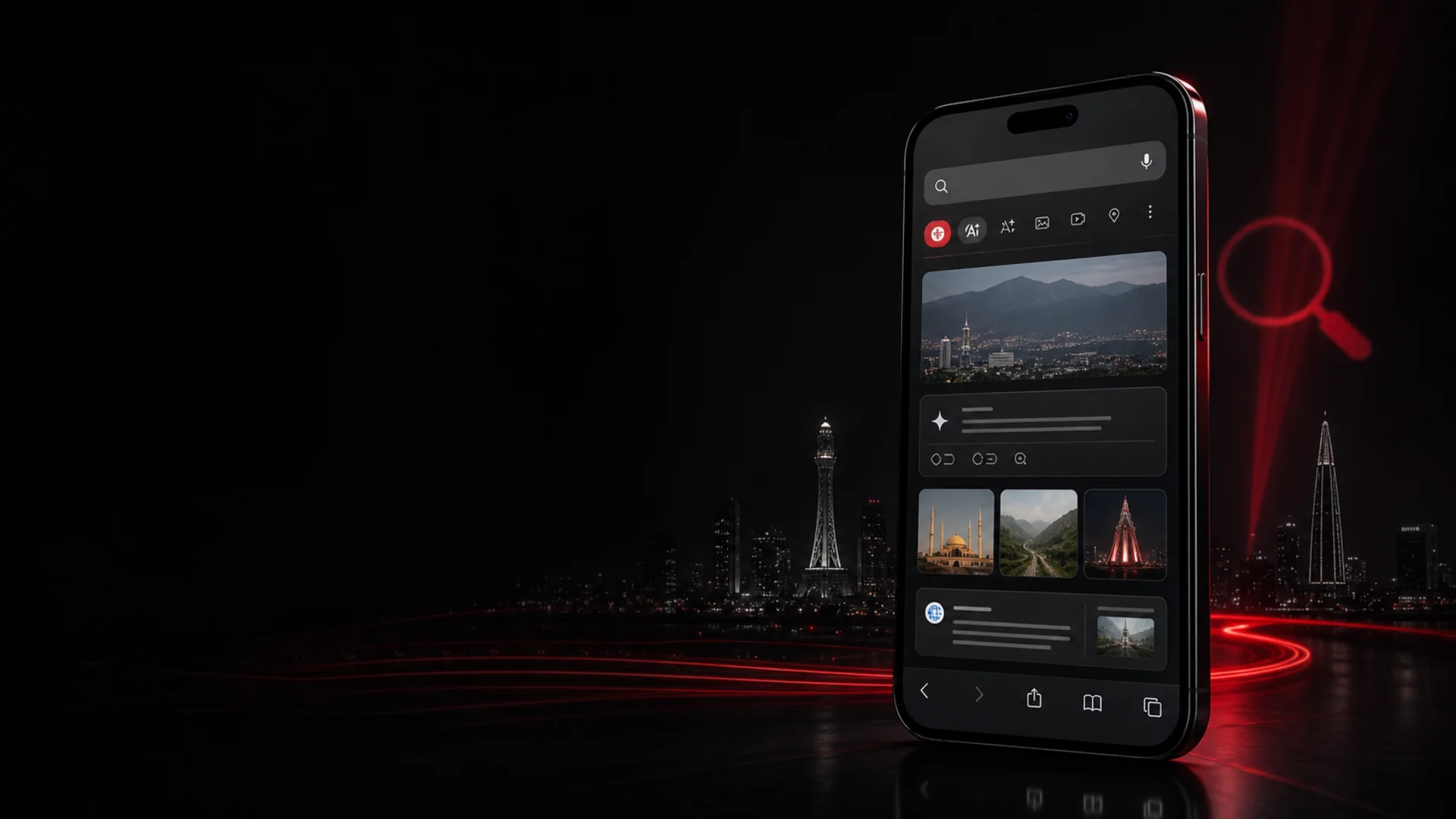 A phone showing search results, ringed by red light trails